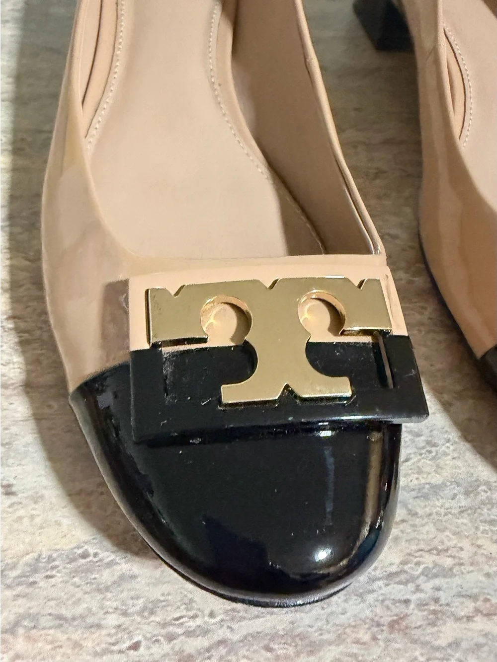 Tory Burch Gigi Beige and Black Cap-Toe 1-inch Heel Shoes